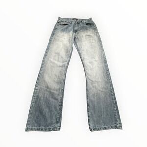 Premium Jeans Mens 34 Blue Faded Straight Leg Embroidered Back Pockets Y2K Cyber